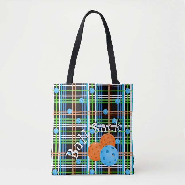 Pickleball Ball Sack - Black and Blue Plaid Tote Bag (Front)