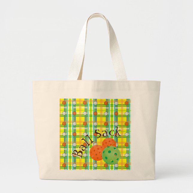 Pickleball Ball Sack - Yellow, Orange, Green Plaid Large Tote Bag (Front)