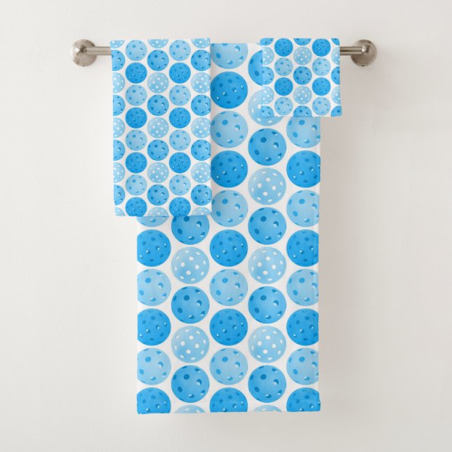 Pickleball Balls - Blue Pickleball Balls on White Bath Towel Set (Insitu)