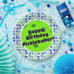 Pickleball Birthday Blue Green Personalised Happy Paper Plate