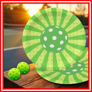 Pickleball Birthday Green RETRO Stripes Sports Paper Plate