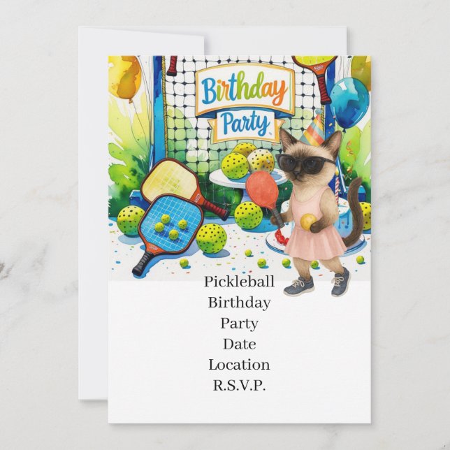 Pickleball Birthday Party for Siamese Cat Lovers Invitation (Front)