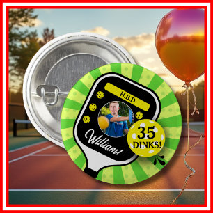 Pickleball Birthday Party RETRO Green Sports PHOTO 3 Cm Round Badge