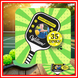 Pickleball Birthday Party RETRO Green Sports PHOTO Square Paper Coaster