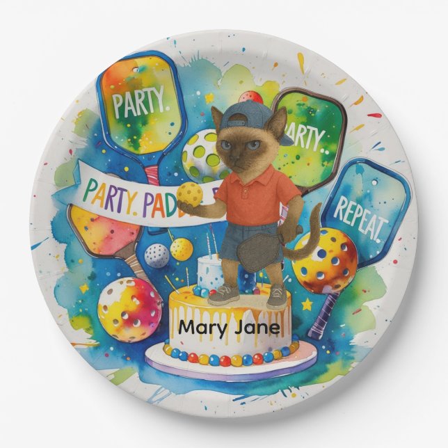Pickleball Birthday Party themed for cat lovers Paper Plate (Front)