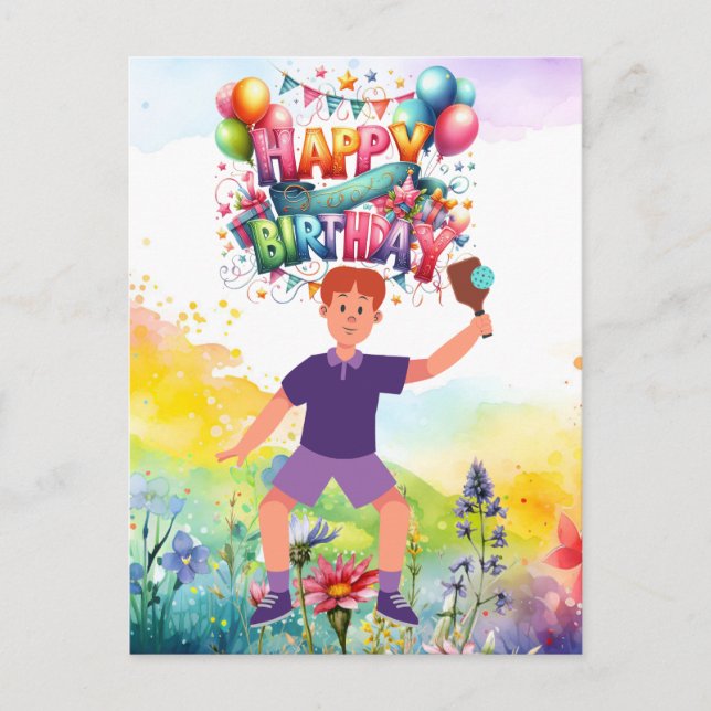 Pickleball Birthday with flowers and rainbow Postcard (Front)