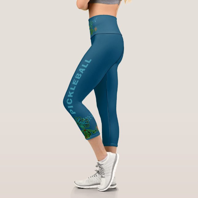 Pickleball Blue Green Whimsy Capri Leggings (Left)