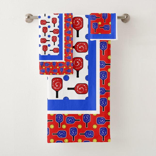 Pickleball Blue Paddles Yellow Balls 4th of July Bath Towel Set (Insitu)