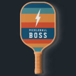 Pickleball Boss Lightning Bolt Retro Stripes Name  Paddle<br><div class="desc">This simple,  trendy pickleball paddle features a lightning bolt and collegiate typography reading Pickleball Boss over a retro stripes design. The back contains text templates for monogram initials and a name,  making it a perfect,  personalised gift!</div>