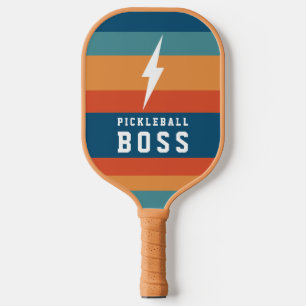 Pickleball Boss Lightning Bolt Retro Stripes Name Paddle