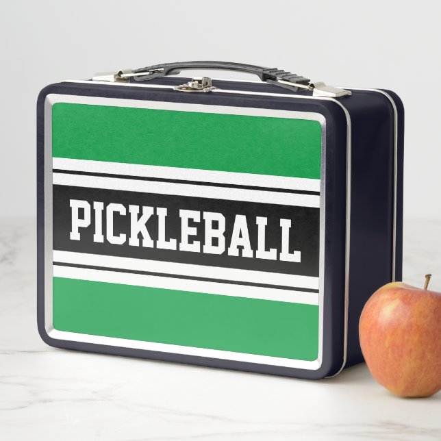 PICKLEBALL Bright Green White Black Racing Stripes Metal Lunch Box (In Situ)