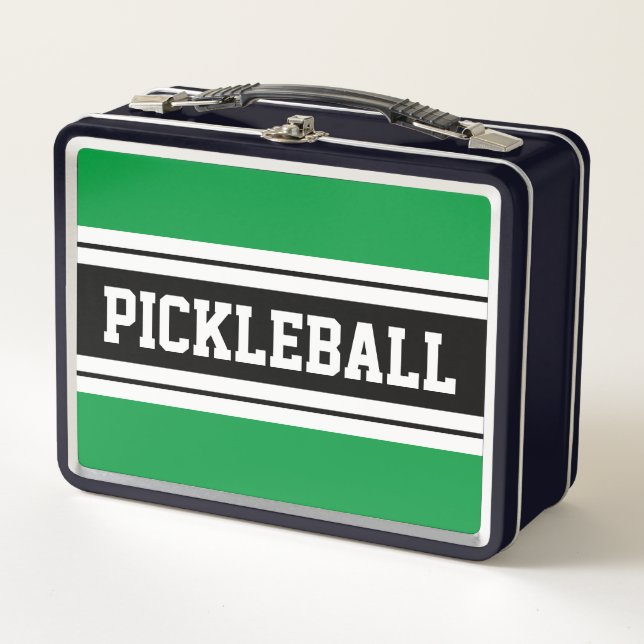 PICKLEBALL Bright Green White Black Racing Stripes Metal Lunch Box (Front)