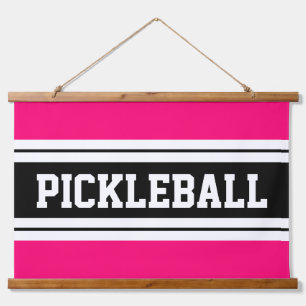 PICKLEBALL Bright Pink Black White Racing Stripes  Hanging Tapestry