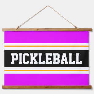 PICKLEBALL Bright Pink Yellow Black Racing Stripes Hanging Tapestry