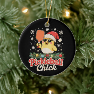 Pickleball Chick Santa Hat Sunglasses Christmas Ceramic Ornament