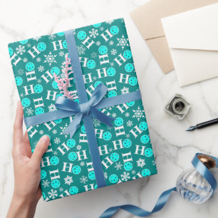 Pickleball Christmas Blue White Ho Ho Ho Snowflake Wrapping Paper