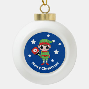 Pickleball Christmas Elf, Ceramic Ball Christmas Ornament