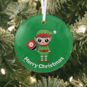 Pickleball Christmas Elf,   Glass Tree Decoration