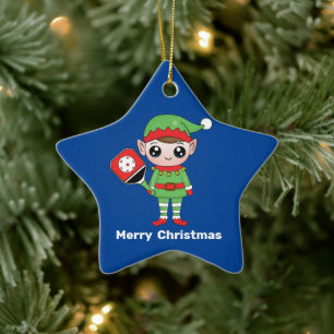 Pickleball Christmas Elf, Star Ceramic Ornament