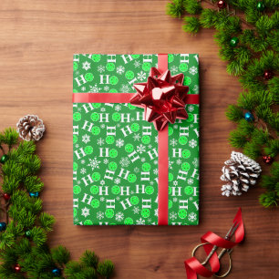 Pickleball Christmas Green White Ho Ho Ho Snow Wrapping Paper