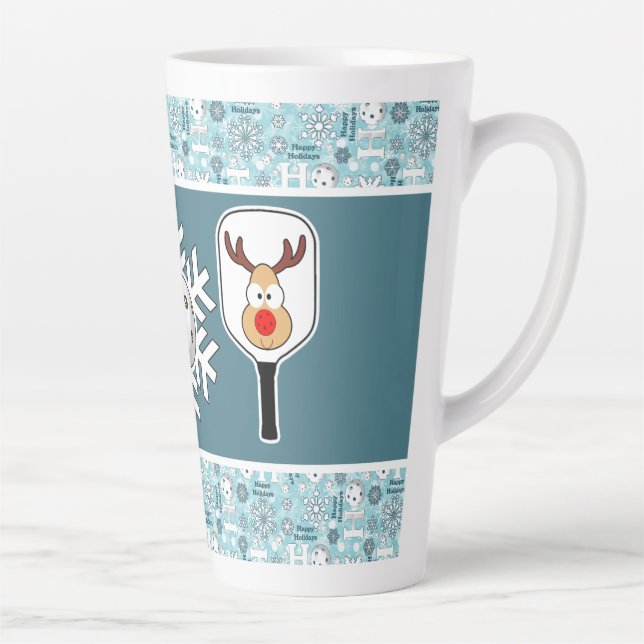 Pickleball Christmas Joy Blue and White Snowballs Latte Mug (Right)