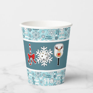 Pickleball Christmas Joy Blue and White Snowballs Paper Cups
