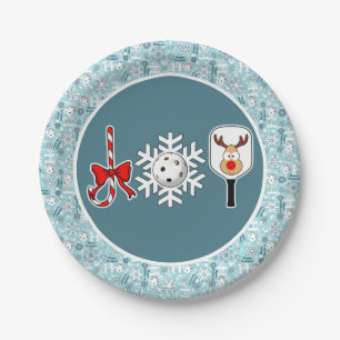 Pickleball Christmas Joy Blue and White Snowballs Paper Plate