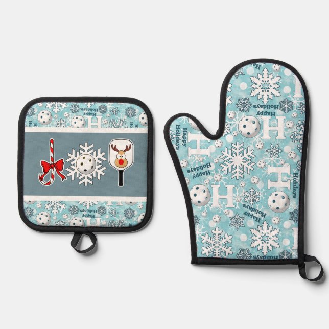 Pickleball Christmas Joy Blue White Snowflakes Oven Mitt & Pot Holder Set (Front)