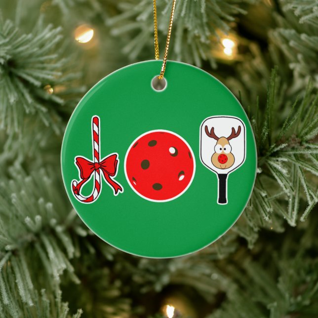 Pickleball Christmas Joy Candy Cane Paddle Ball Ceramic Ornament (Tree)