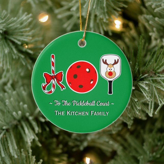 Pickleball Christmas Joy Candy Cane Paddle Ball Ceramic Ornament (Tree)