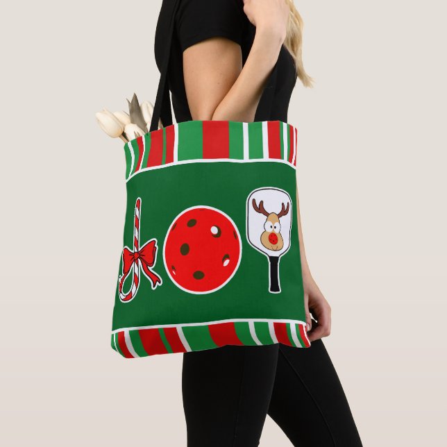 Pickleball Christmas Joy Santa Green and Red Tote Bag (Close Up)