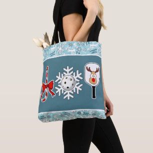Pickleball Christmas Joy Snowflake Blue and White Tote Bag