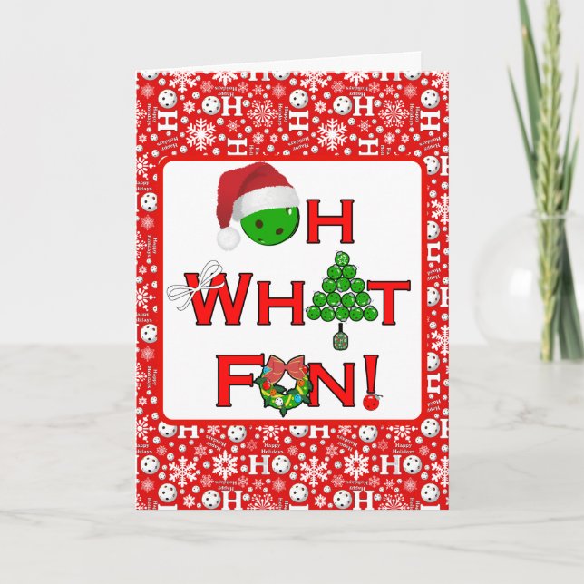 Pickleball Christmas Oh What Fun Snowflakes Red Holiday Card (Front)