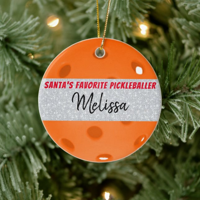 Pickleball Christmas Orange Ball Santa's Favourite Ceramic Ornament (Tree)