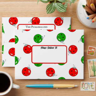 Pickleball Christmas Ornaments Red Green on White Envelope