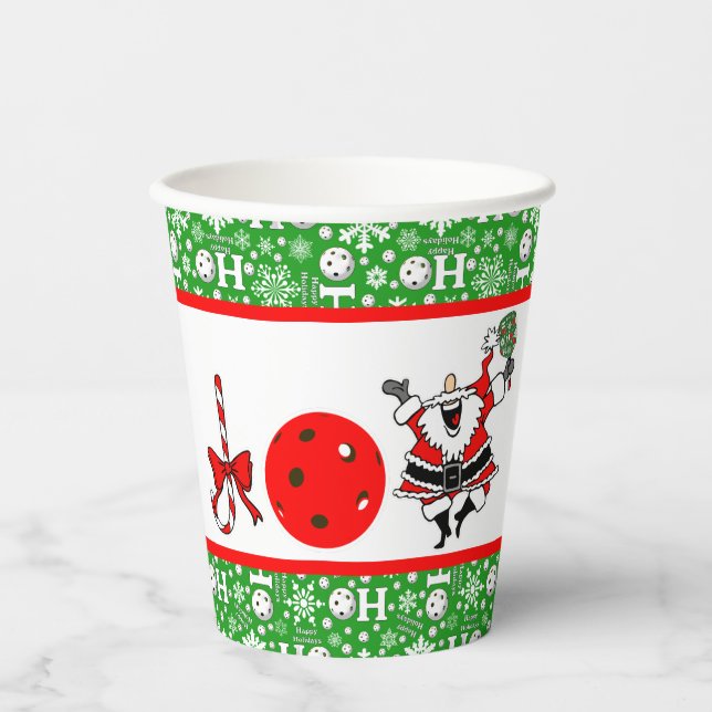 Pickleball Christmas Party Joy Santa Red and Green Paper Cups (Front)