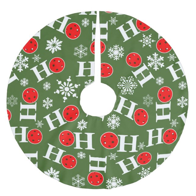 Pickleball Christmas Red Green Snowflakes Ho Ho Ho Brushed Polyester Tree Skirt (Front)