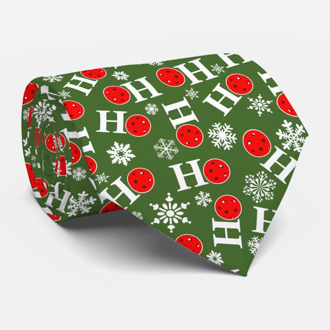 Pickleball Christmas Red Green Snowflakes Ho Ho Ho Tie (Rolled)
