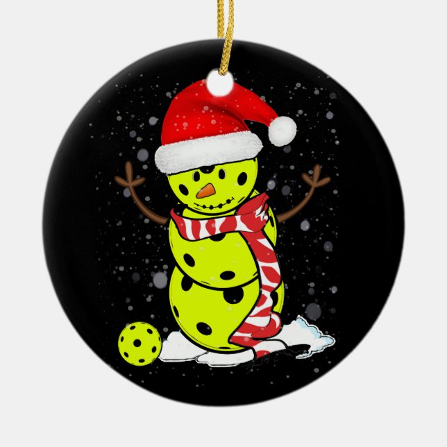 Pickleball Christmas Snowman With Santa's Hat Ceramic Ornament (Front)