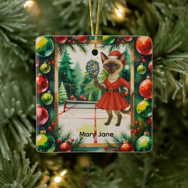 Pickleball Christmas themed for Cat Lovers  Ceramic Ornament (Tree)
