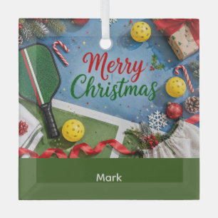 Pickleball Christmas themed Glass Tree Decoration