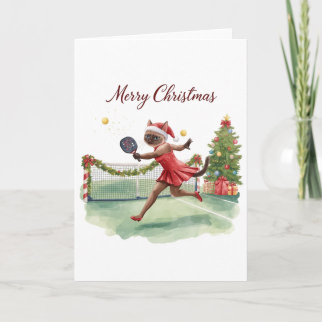 Pickleball Christmas themed with cat  Card (Front)