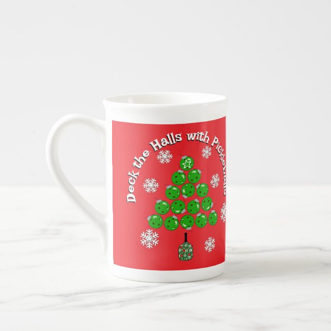 Pickleball Christmas Tree Deck the Halls Party Bone China Mug (Left)