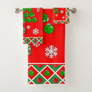 Pickleball Christmas Tree Deck the Halls Red Green Bath Towel Set