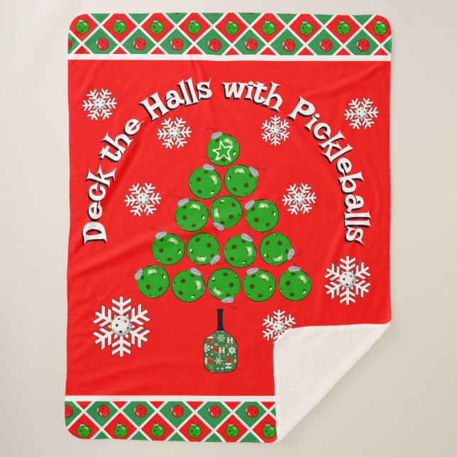 Pickleball Christmas Tree Deck the Halls Red Green Sherpa Blanket (Front)
