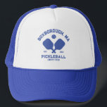 Pickleball Club Pickleball Paddle & Ball Custom Trucker Hat<br><div class="desc">Show your love of the game with this awesome pickleball hat. Easily add your custom text by clicking on personalise. Perfect for town courts,  pickleball clubs,  private backyard courts and pickleball friends and trips.</div>