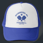 Pickleball Club Pickleball Paddle & Ball Custom Trucker Hat<br><div class="desc">Show your love of the game with this awesome pickleball hat. Easily add your custom text by clicking on personalise. Perfect for town courts,  pickleball clubs,  private backyard courts and pickleball friends and trips.</div>