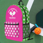 Pickleball Club Team Name Any Colours Personalised Printed Backpack<br><div class="desc">Super fun, sporty backpack featuring crossed pickleball paddles and 3 lines of custom text. Easily add your name, club name, town name, coaches name, etc. Totally customisable. You can also easily change the colours too. Just click edit this design and click on layers to the left of the product photo...</div>