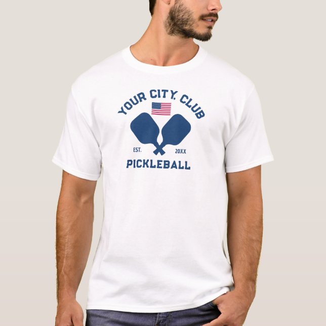 Pickleball Club Team Player USA American Flag T-Shirt (Front)