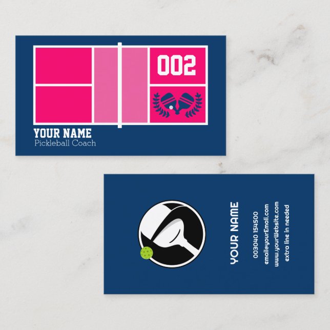 Pickleball coach, pink and navy Pickleball court Business Card (Front/Back)